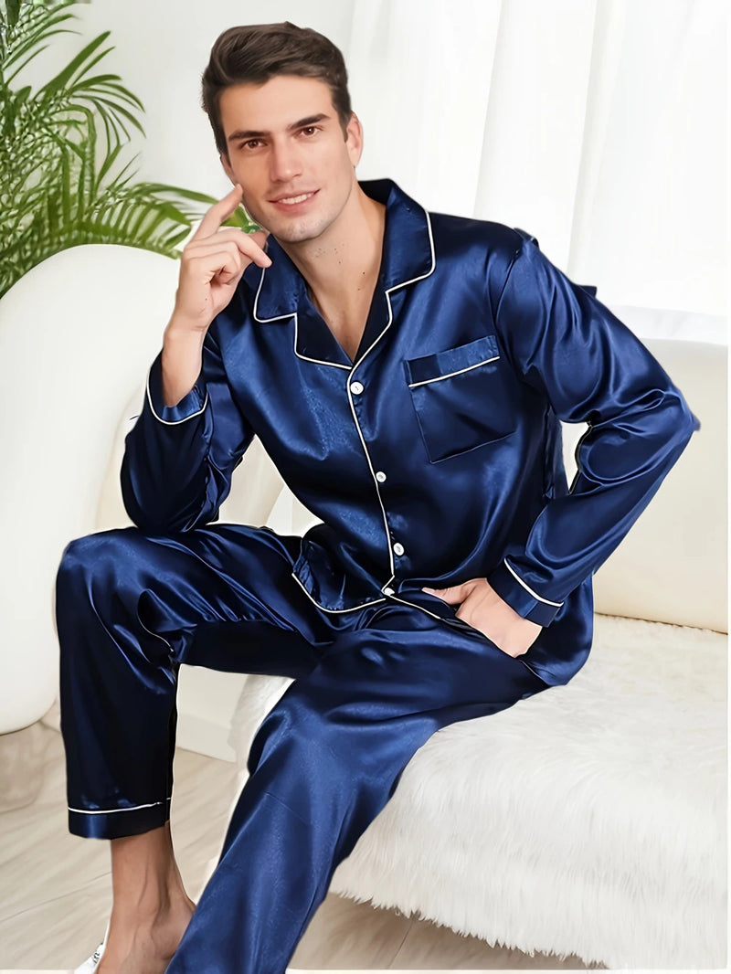 Conjunto de Pijama Masculino de Seda Manga Longa